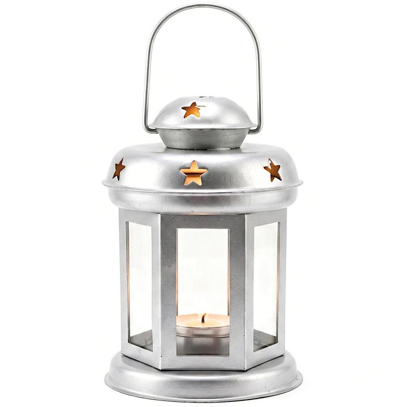 TEA LIGHT LANTERN CANDLE HOLDER 15CM SILVER