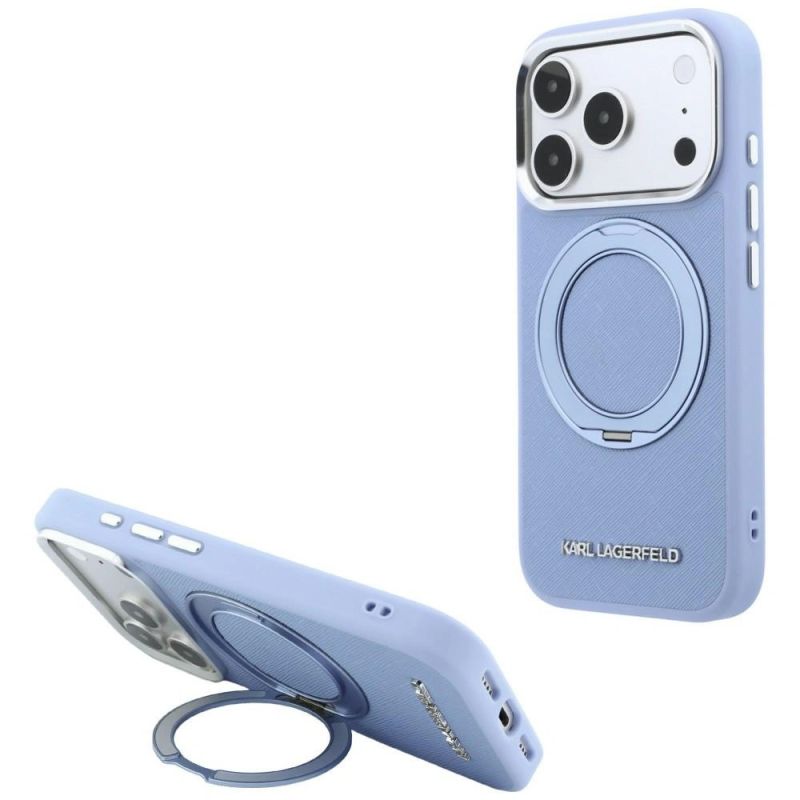 Karl Lagerfeld Ring Stand 360 Saffiano Classic Logo MagSafe Case for iPhone 18 Pro / 17 Pro - Light Blue