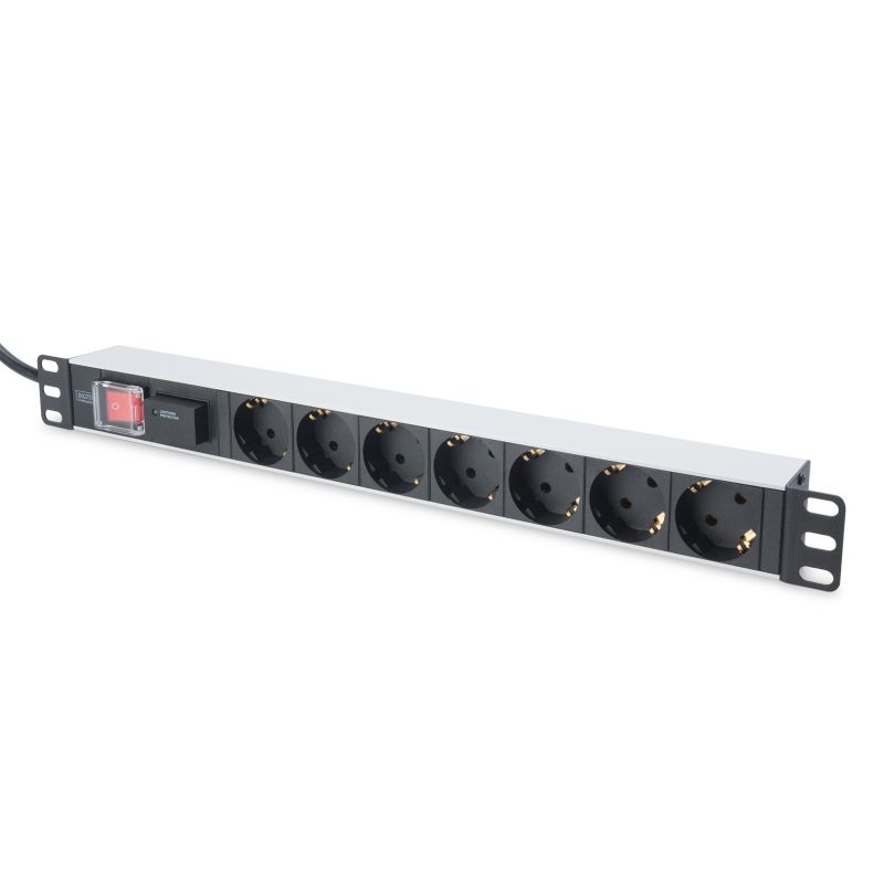 Digitus PDU 19" Rackmount Power Strip, 7x Schuko sockets, 2.0m, 1x Unischuko plug, 16A, on/off, surge protection, aluminum profile