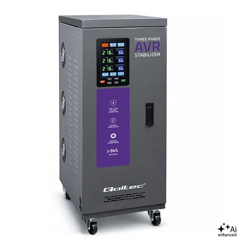 Qoltec Three-phase AVR MULTIPROTECTION voltage regulator | 20kVA | Accuracy ±3% | 3F servomotor | LCD | Expert Line
