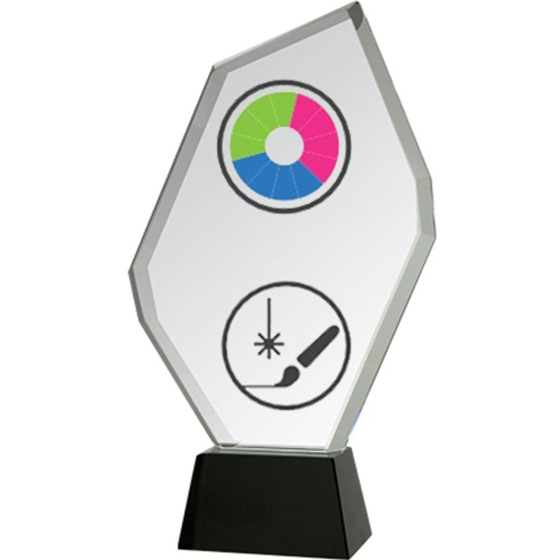 Glass trophy with LuxorJet color print, engraving, paint filling and case
