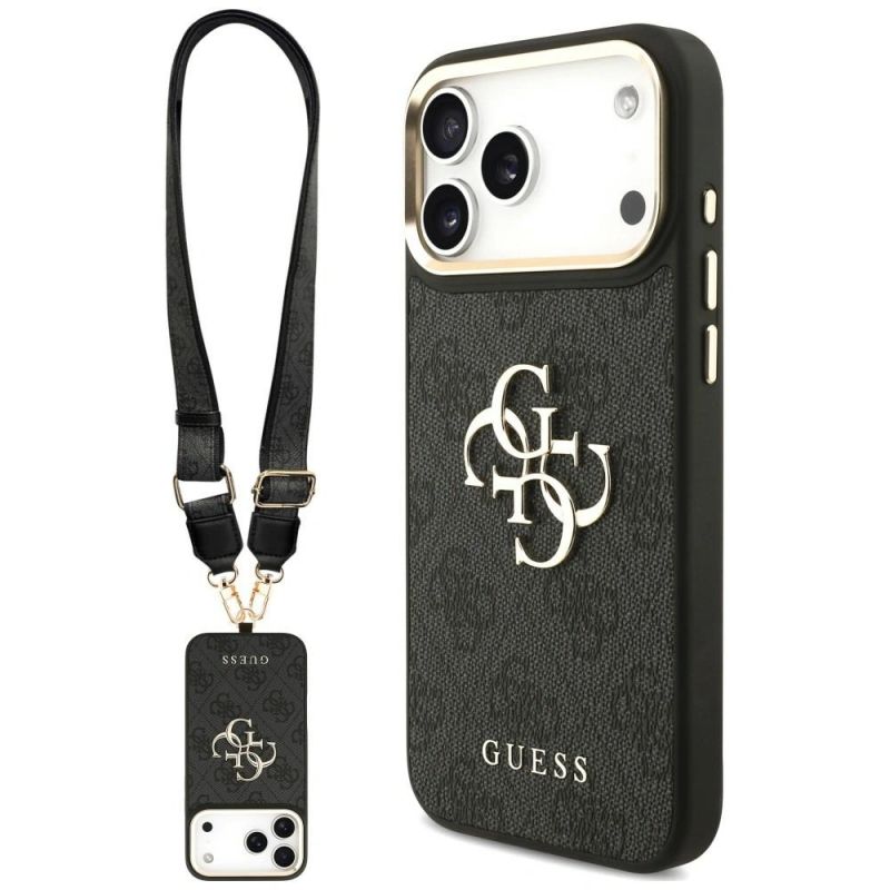 Guess 4G Big 4G Classic Logo Big Strap Metal Buttons Case for iPhone 18 Pro / 17 Pro – Black