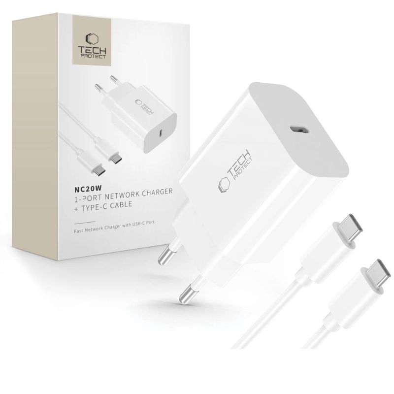 Tech-Protect NC20W PD20W USB-C wall charger with USB-C cable - white