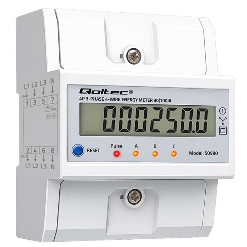 Qoltec 50980 Three-phase electronic meter with reset | DIN rail energy meter | 400V | 100A | LCD | LED | 4P