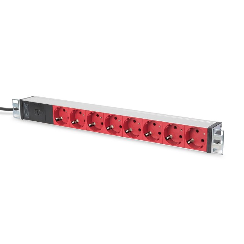 Digitus PDU 19" Rackmount Power Strip, 8x red schuko sockets, 2.0m, 1x C14 plug, 10A, aluminum profile