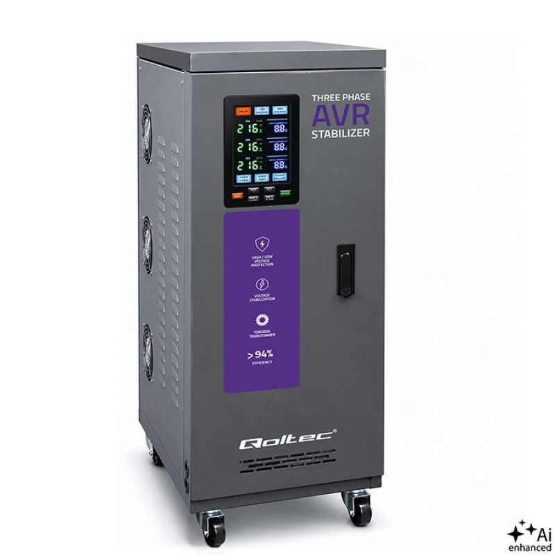 Qoltec Three-phase AVR MULTIPROTECTION voltage regulator | 15kVA | Accuracy ± 3% | 3F servomotor | LCD | Expert Line