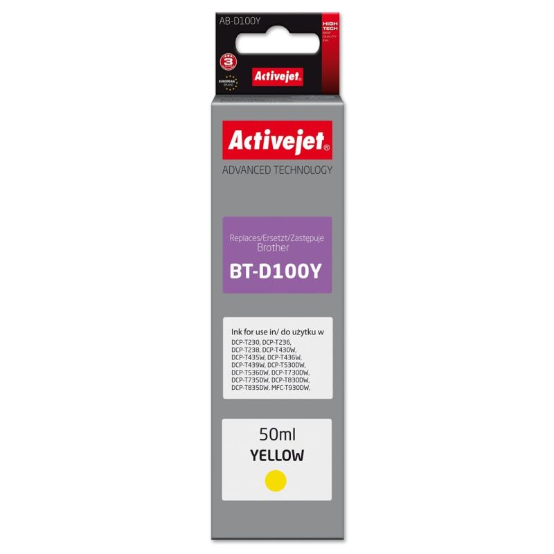 Activejet AB-D100Y Ink Bottle (Brother BT-D100Y replacement; Supreme; 50 ml; yellow)