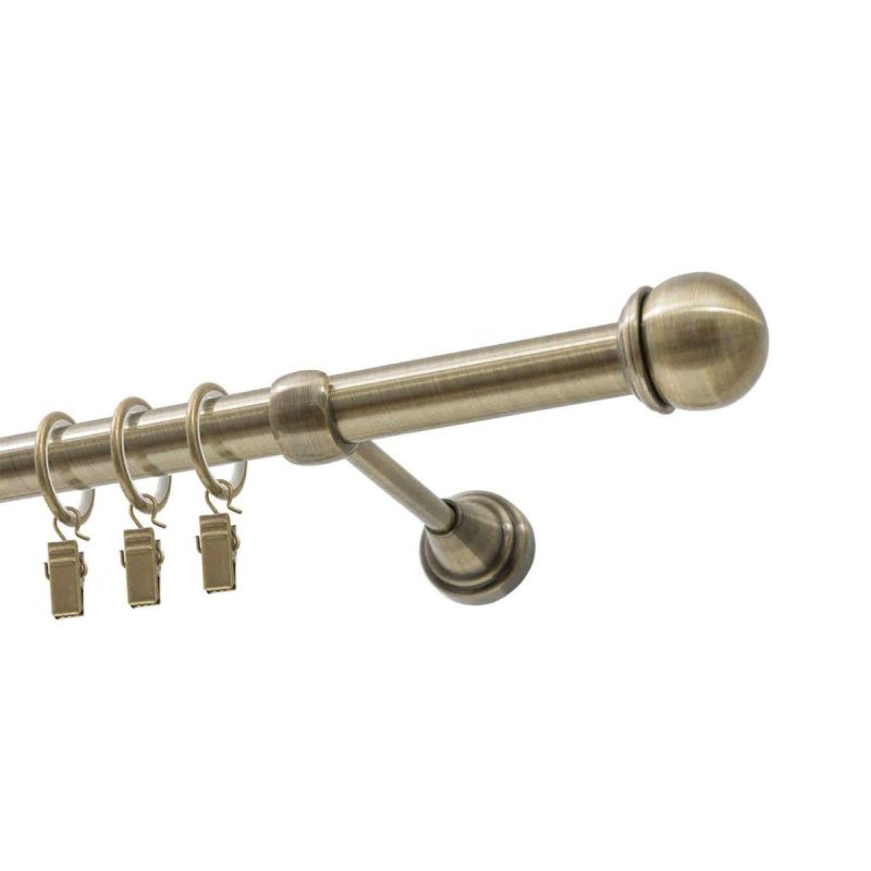 SINGLE CURTAIN ROD Ø 19 MM ANTIQUE BRASS 400 CM WITH MAX KNOB AND RINGS KOWALSKI